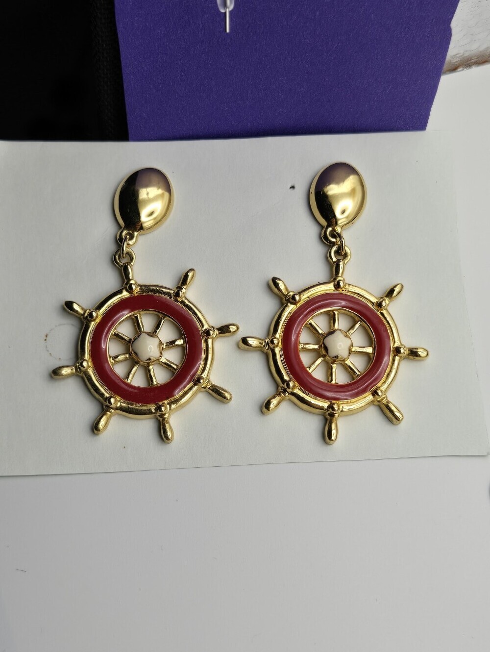 Avon Gold & Red Nautical Ship Wheel Earrings Vintage Style